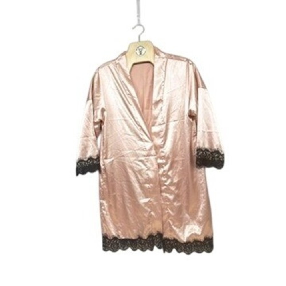 Sheer Satin Robe Lace Trim Kimono Style Pink Size L‎